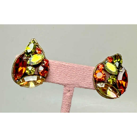 Vintage Fall Tones Rhinestone Clip Earrings UV Uranium Glow Green Orange Red - Picture 3 of 6